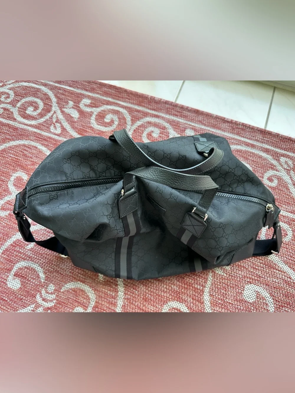 Gucci GG Nylon Duffle Bag Black Leather Trim Travel Weekender Shoulder Bag